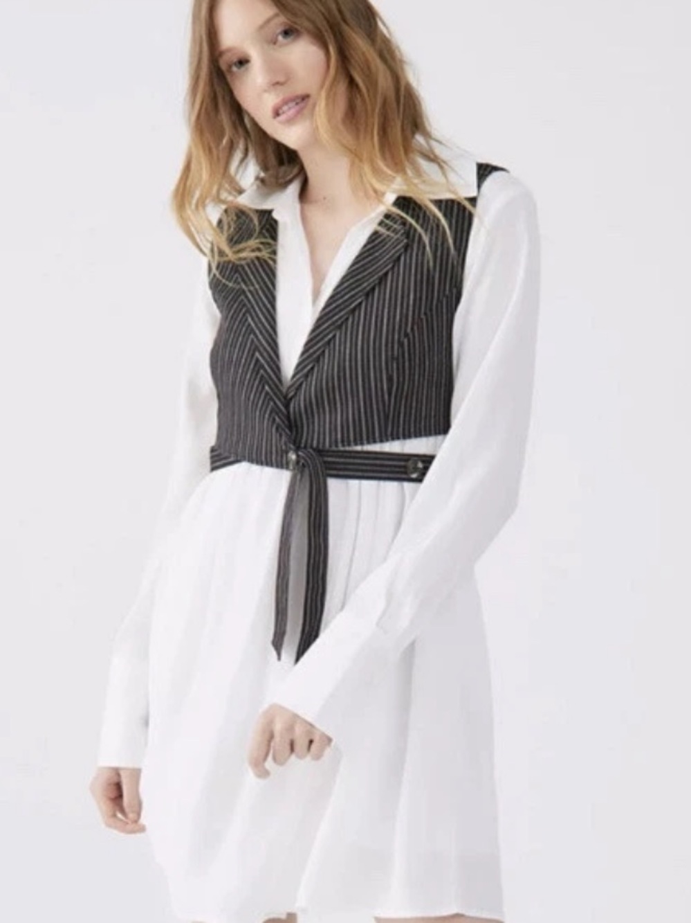 White Shirt Dress with Black Pinstripe Vest || UO Rory Mini Dress